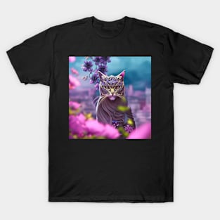 Elegant Purple Cat Surrounded by Pink Flowers T-Shirt